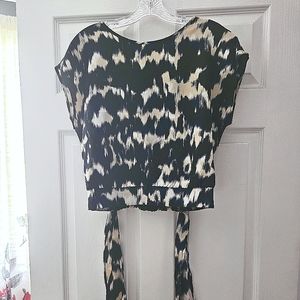 Tie at waist blouse, black and baby blue prints on cream background.